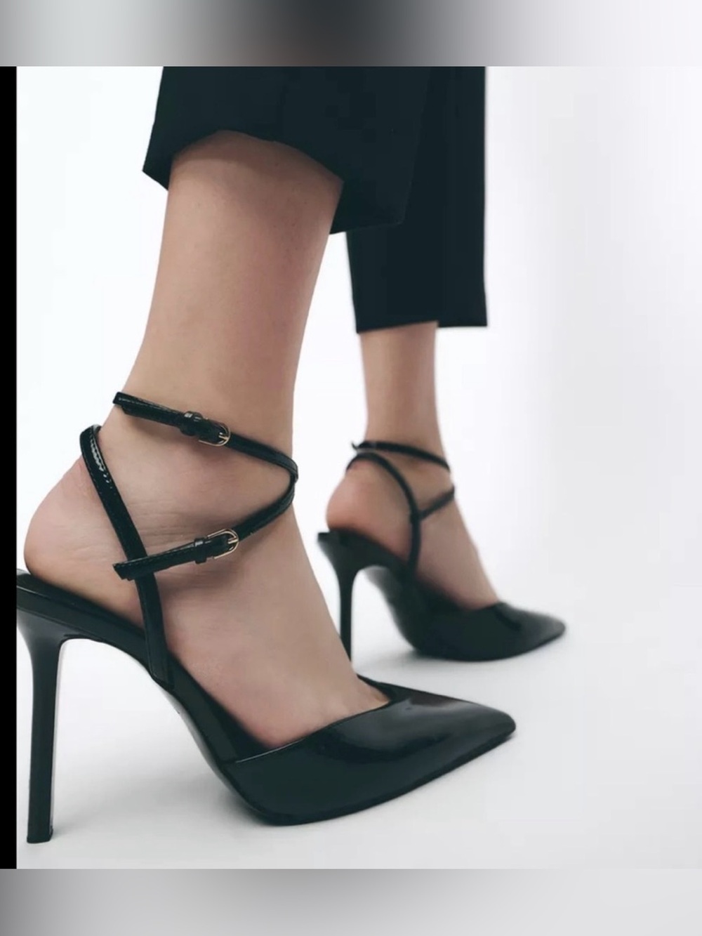 Zara strappy pointy slingback heels, patent finish ankle strap.